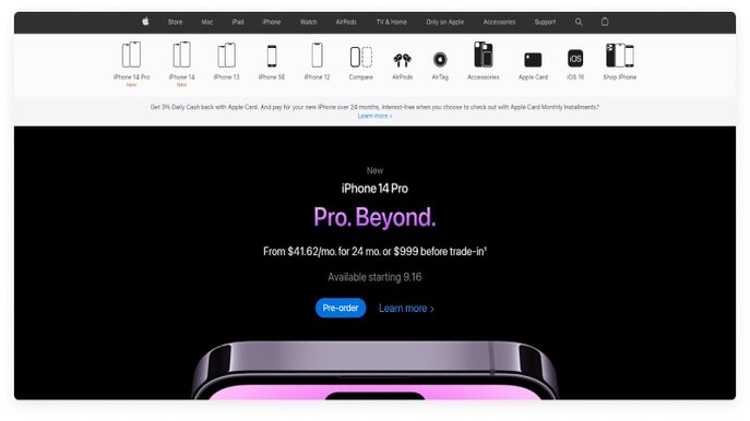 apple example of accessible navigation and product promotion