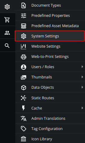 Configuring System settings in Pimcore administration