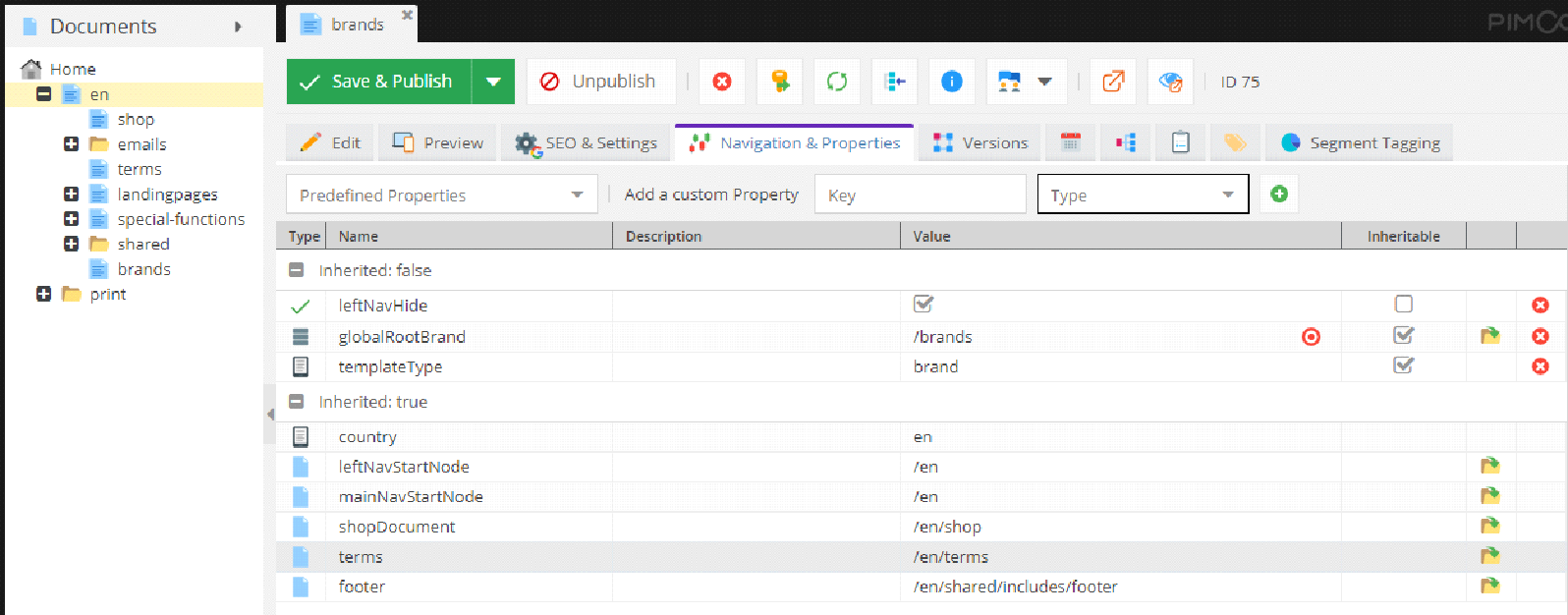 document properties in Pimcore