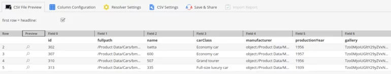 Adjusting the settings for import in Pimcore