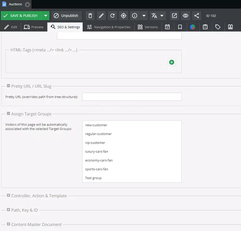 Assigning target group to a document in Pimcore