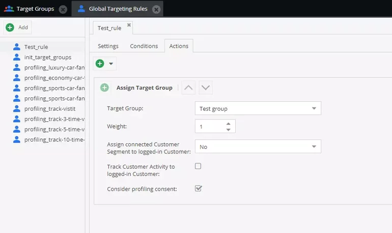 Setting actions for global targeting rules in Pimcore